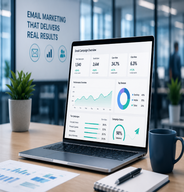 modern office with email marketing dashboard